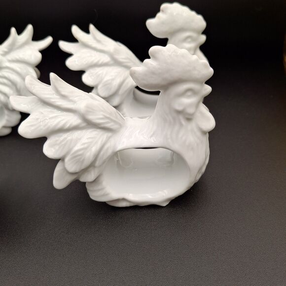 Unique Rooster Large Comb Large Plummage Napkin Rings White Porcelain Set Of 4 - Picture 7 of 13